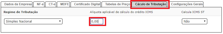 Configurar Alíquota ou Alterar de Crédito de ICMS para Calcular